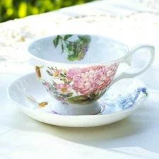 Grace Teaware Hydrangea with Hummingbird Bone China Tea Cup and Saucer