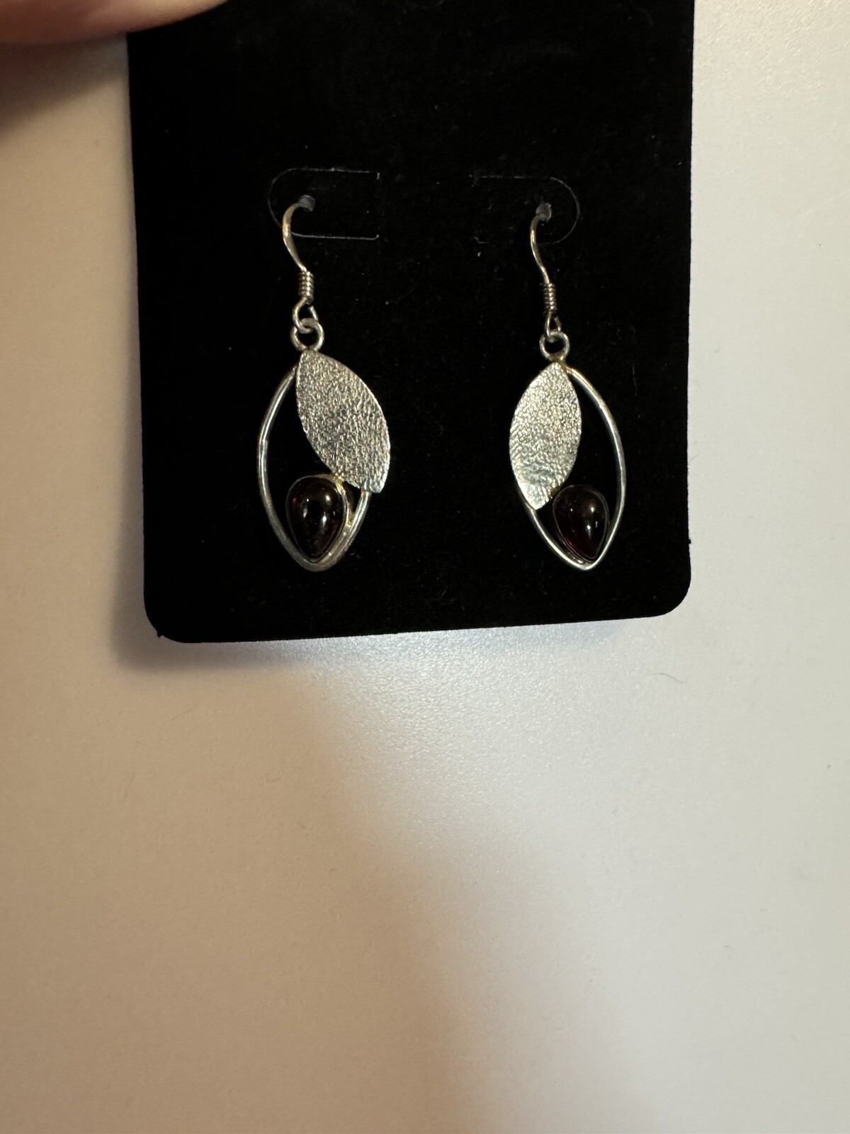 Sterling Silver Leaf Earrings With Ruby Glass Cab… - image 2
