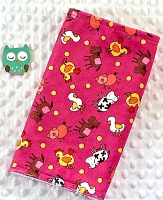 Handcrafted Pink Farm Animal Minky Print & White Minky Bubble Baby Burp Cloth