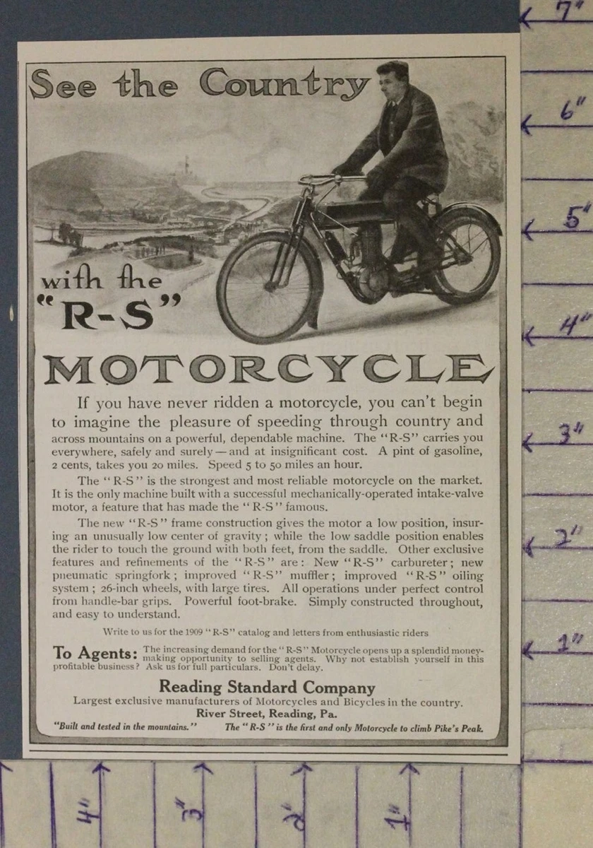 1909 READING STANDARD MOTORCYCLE MECHANIC SHOP DECOR HISTORIC AD A