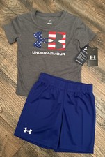 NEW NWT Under Armour Kids Boys American Flag Freedom Shirt Shorts Set Size 4