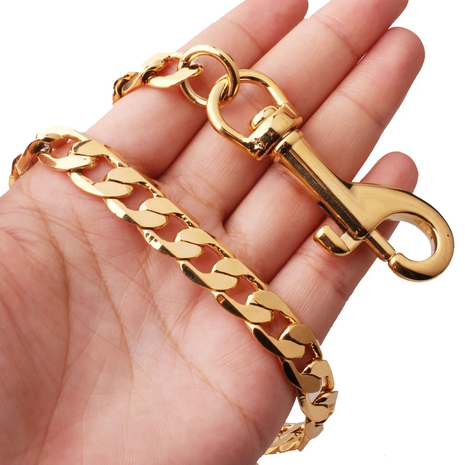 4ft Leather Pet Dog Leash Lead 18K Gold Copper Curb Chain For Walking Running - Image 3 of 4