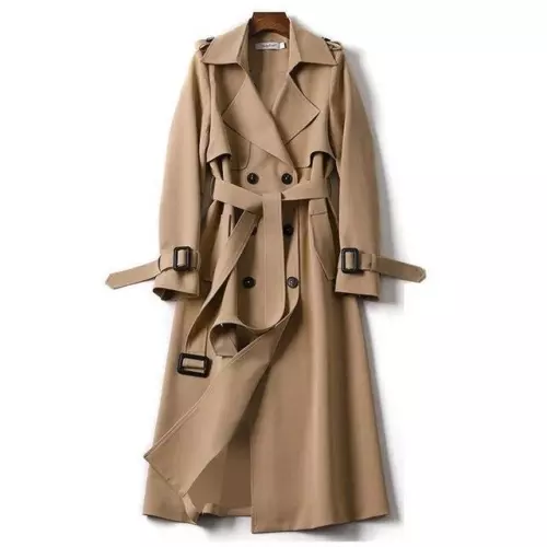 Zweireihiger langer Damen-Trenchcoat winddicht klassisch Revers Gürtel Mantel - Bild 16 von 24