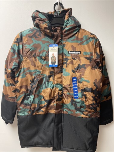 New Timberland Boys Kids Puffer Coat Full Zip Hooded Jacket (Camouflage,L-14/16) - Picture 2 of 11