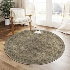 5x5 Washable Round Rug Brown Vintage Entryway Non Slip Low Pile Traditional C...