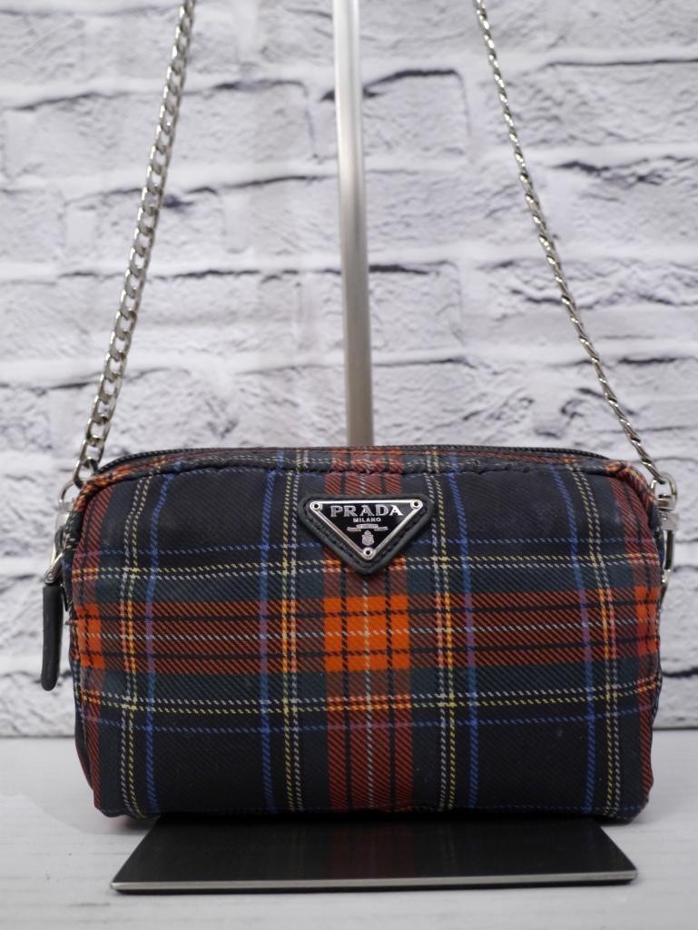 PRADA Nylon Leather Crossbody Camera Bag with Check Pattern  