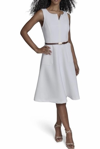 Calvin Klein White A-Line Knee-Length Dress Round Neck Sleeveless Belt Pockets 4