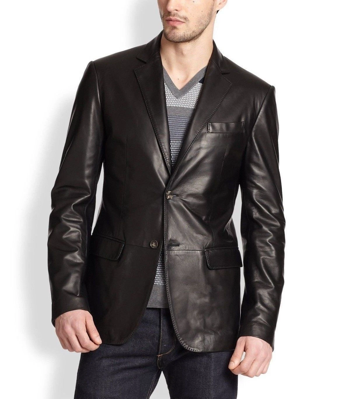 Men 100% Lambskin Leather Blazer Jacket Soft Two Button Black Coat