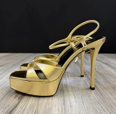 Saint Laurent YSL Tribute Platform Heels Egypt Gold Leather Womens 7 NEW