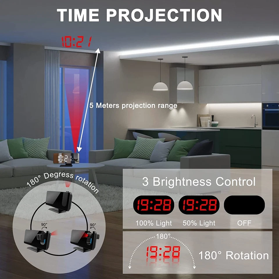 Projection Digital Alarm Clock for Bedrooms, Radio Alarm Clock on Ceiling, USB - Image 2 of 4