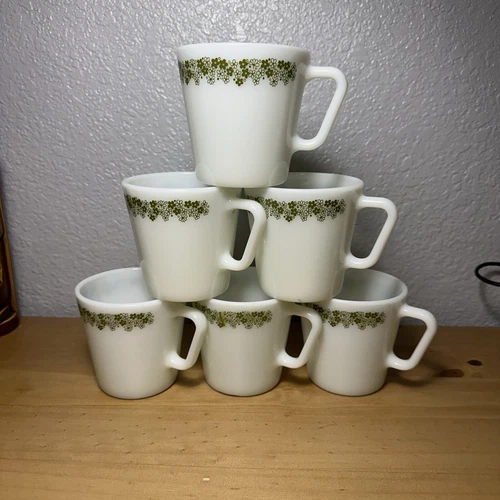 Pyrex Spring Blossom Green Crazy Daisy Coffee Cup Mugs D-Handle #1410 Set 6