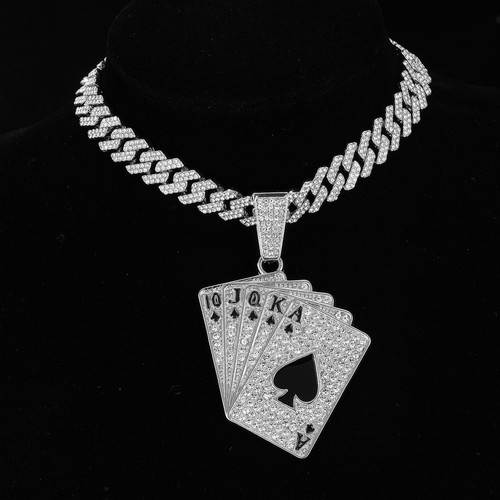 Collar Cadena Metal Hip Hop Poker Multicolor Redondo Moderno Cristal Eslabón Grabado - Imagen 19 de 32
