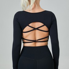 Women's Stretch Workout Activewear Tops Long Sleeve Yoga Gym Back Cropped Tops