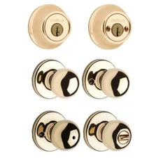 Kwikset BUNDLE Polished Brass Polo Knob Privacy + Hall +Double Cylinder Deadbolt