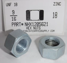 9/16-18 Hex Nuts Steel Zinc Plated 7/8 Hex x 31/64 Thick (10)