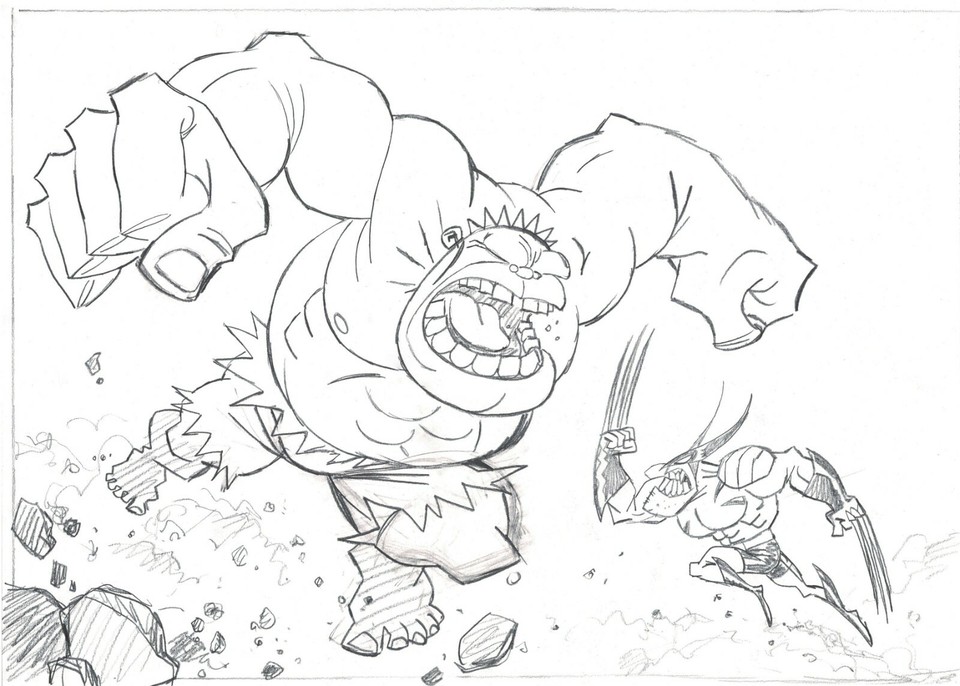 Hulk vs Wolverine - Original Preliminary drawing - Dani Fernandez - Hand Signed Comic Art
