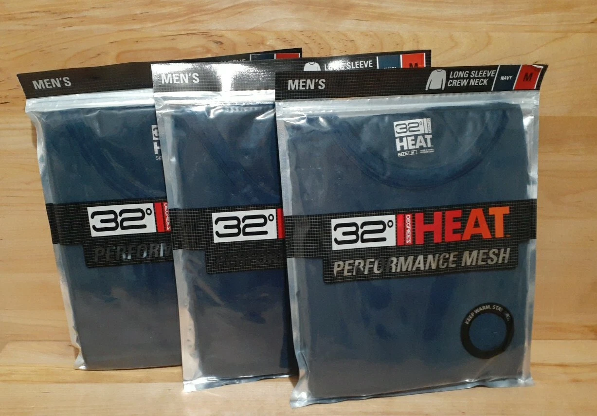 3 PACK: 32° HEAT PERFORMANCE Mesh Men NAVY Long Sleeve Crew Neck Shirt Size MED