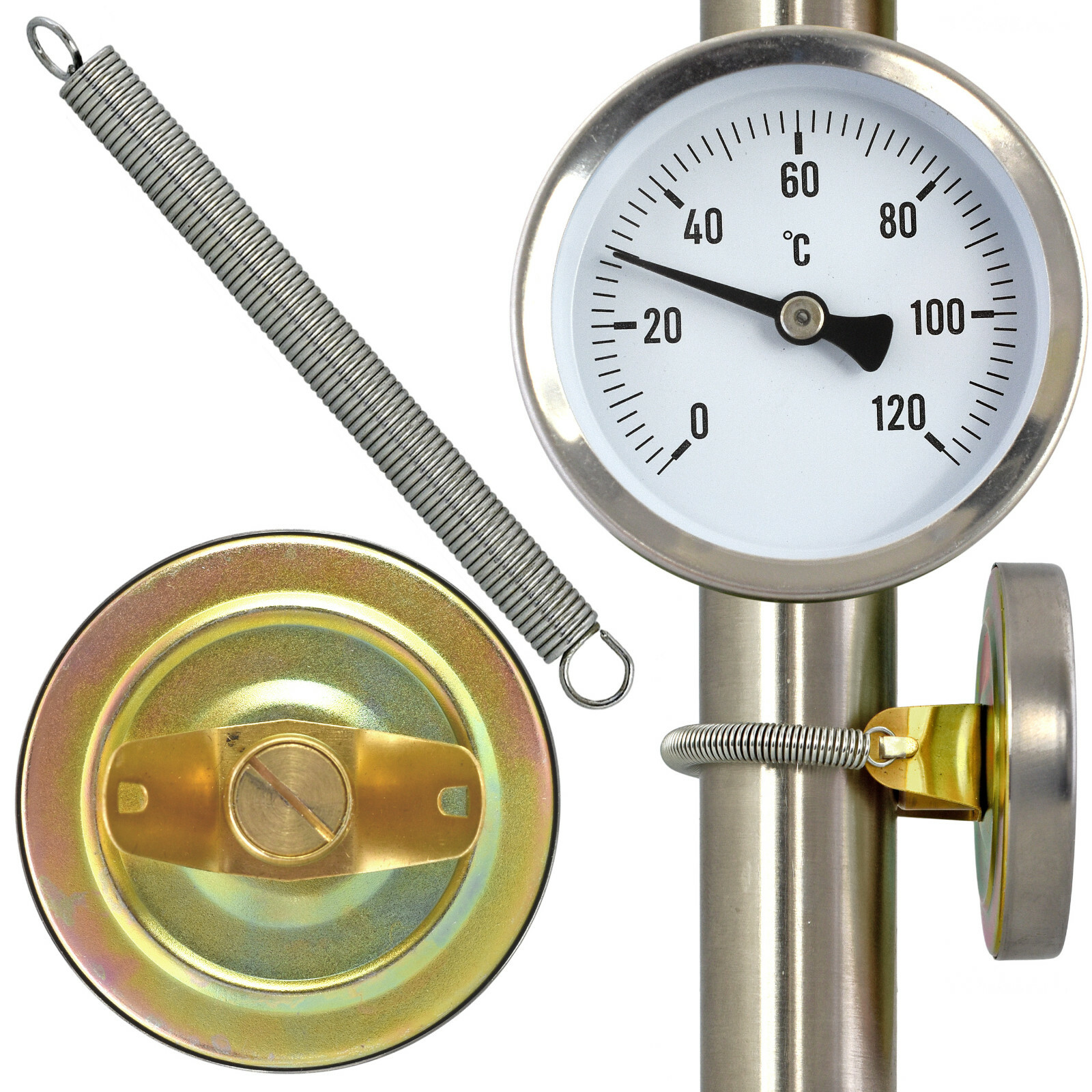 CLIP-ON Hot Water PIPE Dial surface Thermometer with spring 63mm 0-120°C bimetal