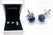 Image of New PANDORA 925 Sparkling White Blue Cubic Zirconia Crown Stud Earrings 298311CZ