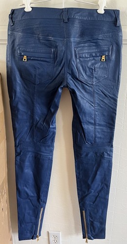 Auth 61634 BALMAIN Kidskin leather Blue BIKER Moto Pants Gold Hardware FR38 US 6 - Picture 8 of 15