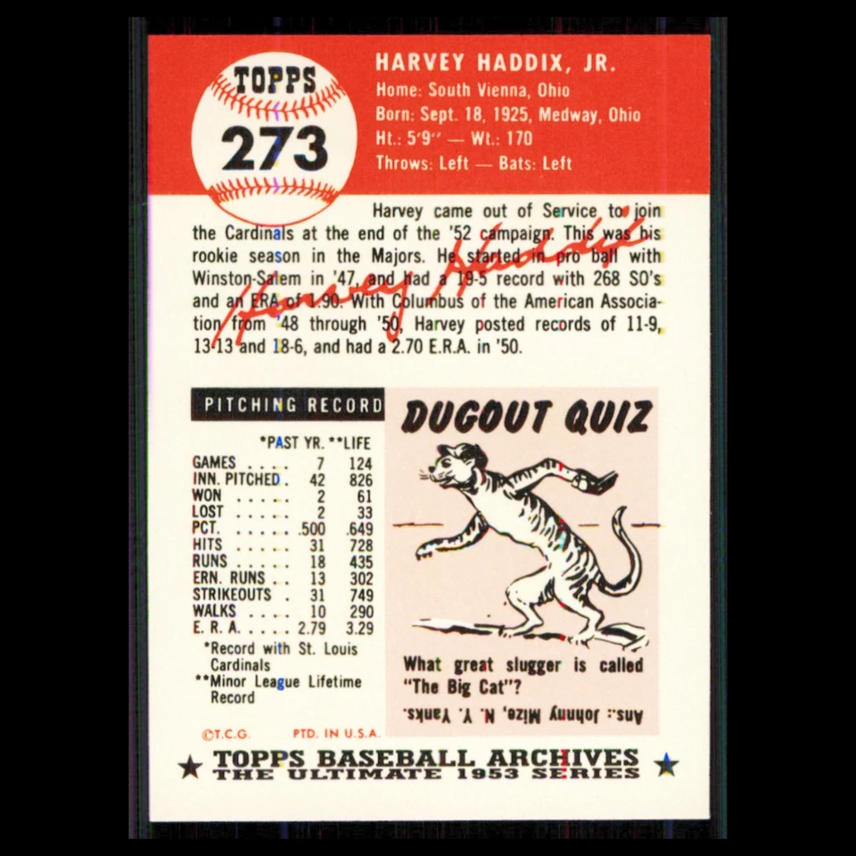 Harvey Haddix #273 1991 Topps Archives 1953 St. Louis Cardinals Baseball Card NM - Image 2 of 3