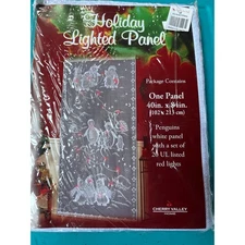 Holiday Lighted Panel Penguins Christmas White Red Lights 40 x 84 NEW