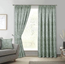 Image of Cumbria Woven Leaf Trail Pencil Pleat Header Lined Curtains - Sage