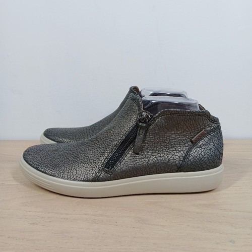 ECCO Soft Black Gray Metallic Pebbled Leather Side Zip Comfort Bootie Sneakers