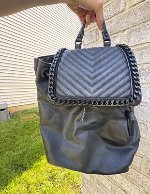 ALDO Black Quilted Chain Accent Drawstring Backpack Bag Adj Strap, Pockets