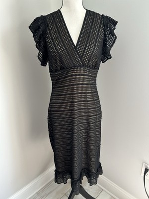 Women Black Max Studio Dress Lace V Neck flutter sleeve high waist medium NWT