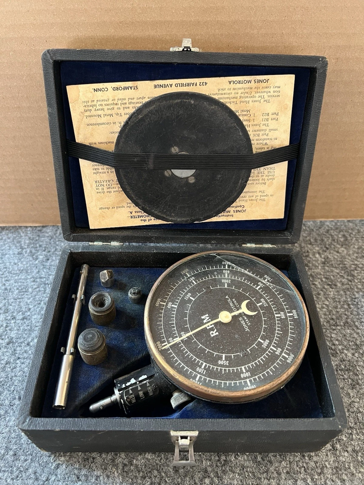 Vintage Jones Motorola 4" Tachometer 10000 RPM Type B Class A w/ Attachments