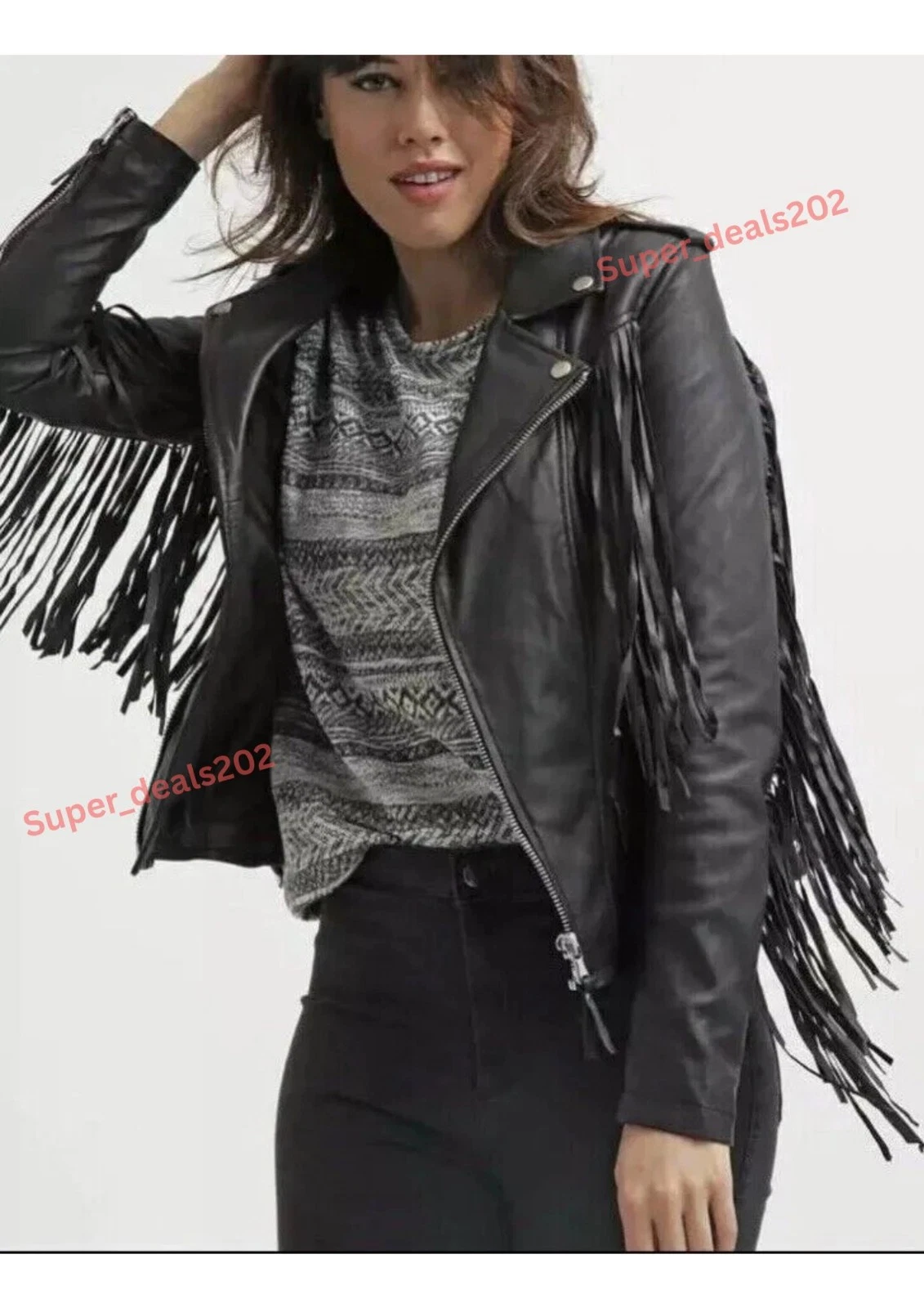 Womens Black Fringe Lambskin Leather Moto Coat Handmade Western Biker Party Tops