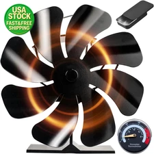 8 Blade Heat Powered Wood Stove Fan Fireplace Pellet Log Burner Thermometer