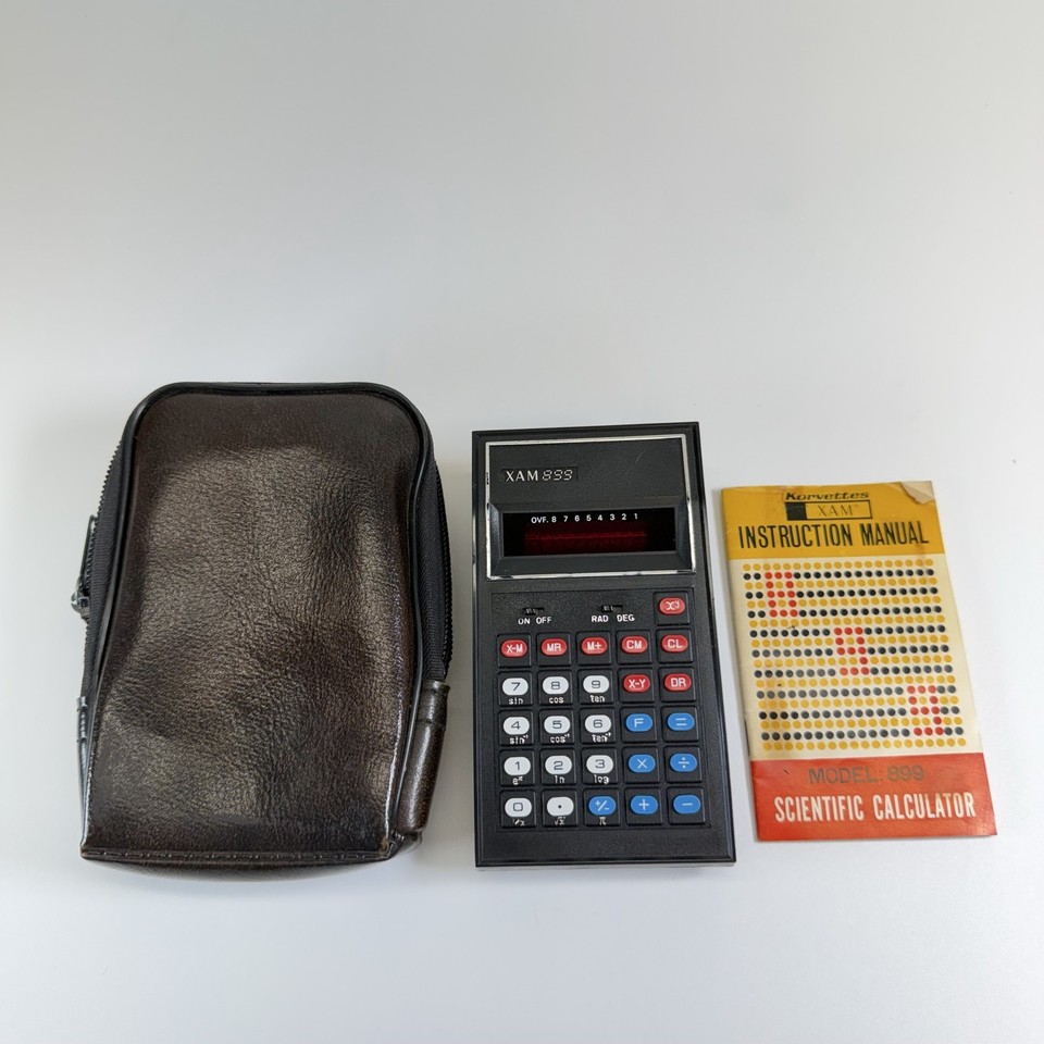 Vintage XAM 899 Scientific Calculator Black LED W/ Case Manual Taiwan Korvettes
