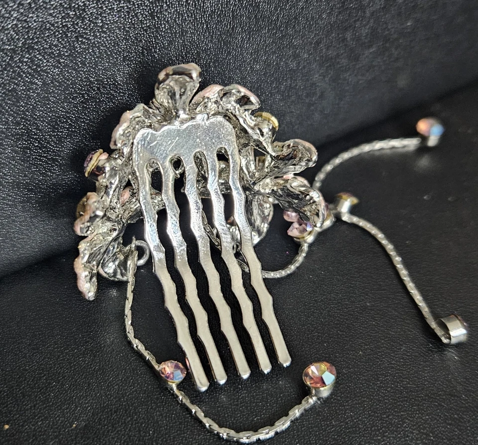 Floral Metal Hair Comb Clip Hand Painted Glitter Rhinestone Dangle Accent - Image 2 of 2