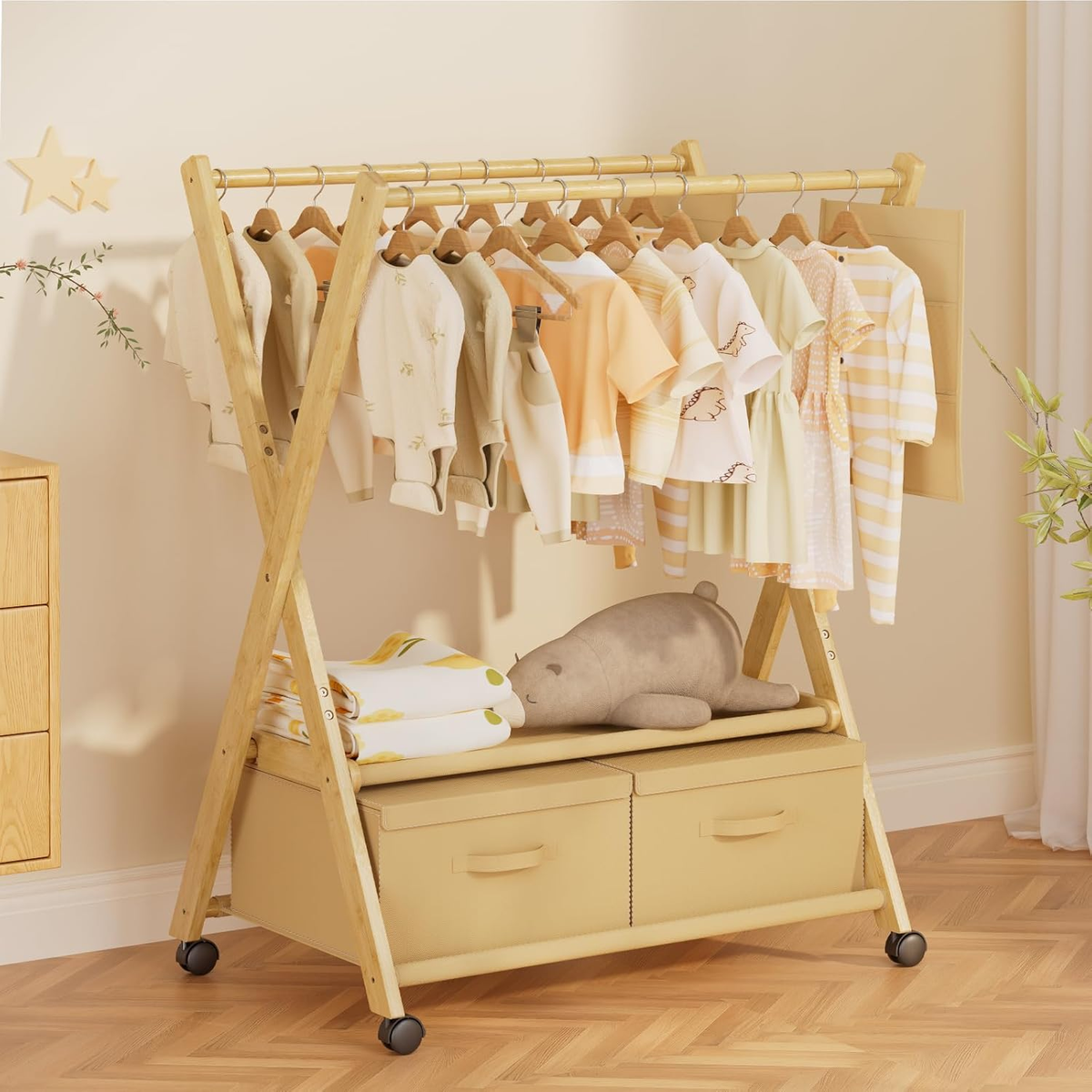 Kids Clothing Rack with Storage Boxs, Bamboo Baby Clothing Rack