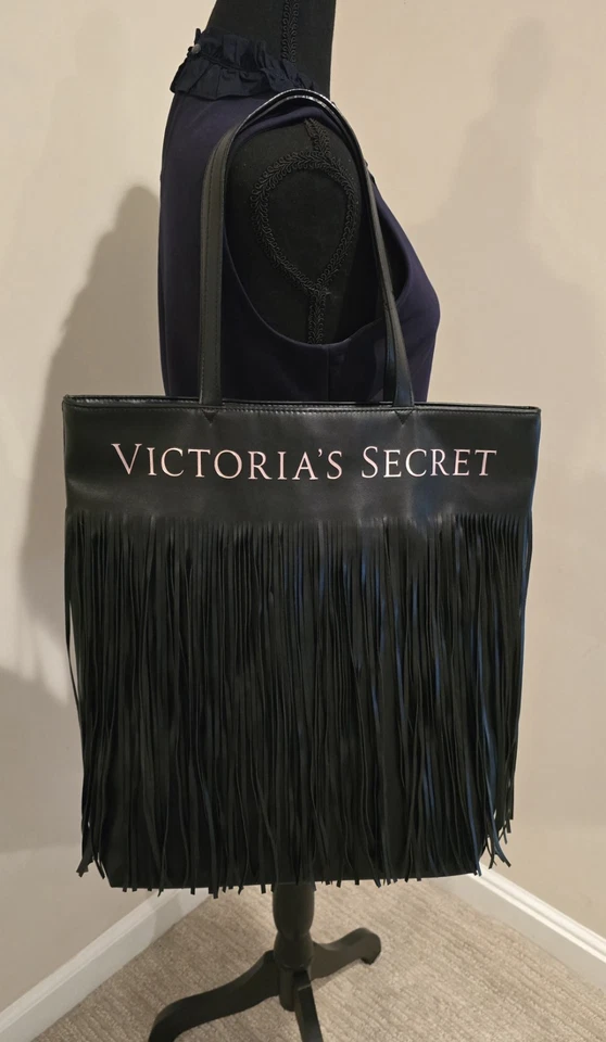 NWOT Victoria's Secret Fringe Bag Tote & Beach Bath Towel Black & Pink  Logo Set - Image 4 of 4