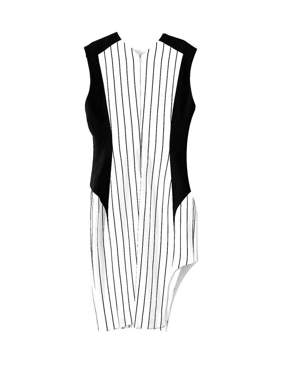 Mugler Black & White Striped Crepe Dress  Size 40  Iconic Designer  Silhouette | eBay