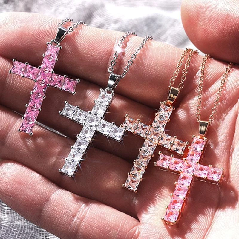 Pink T Zircon Cross Pendants Necklace Men Women Couple Religious Jewelry Gift