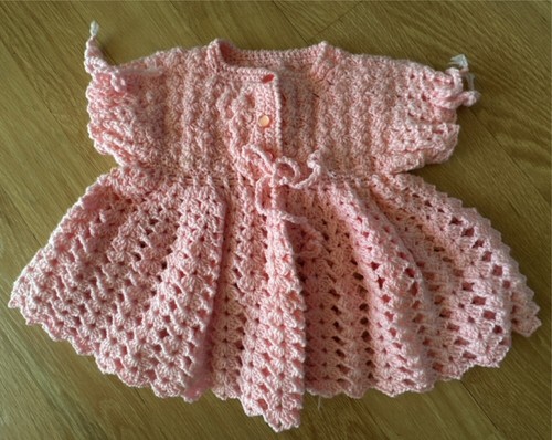 hand made by grandmom crocheted baby dress 1 pink synthentic yarn - never used