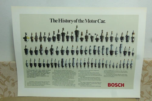 NOS GENUINE Vintage BOSCH POSTER ADVERT MOTOR CAR SPARK PLUG HISTORY 1902 - 1977