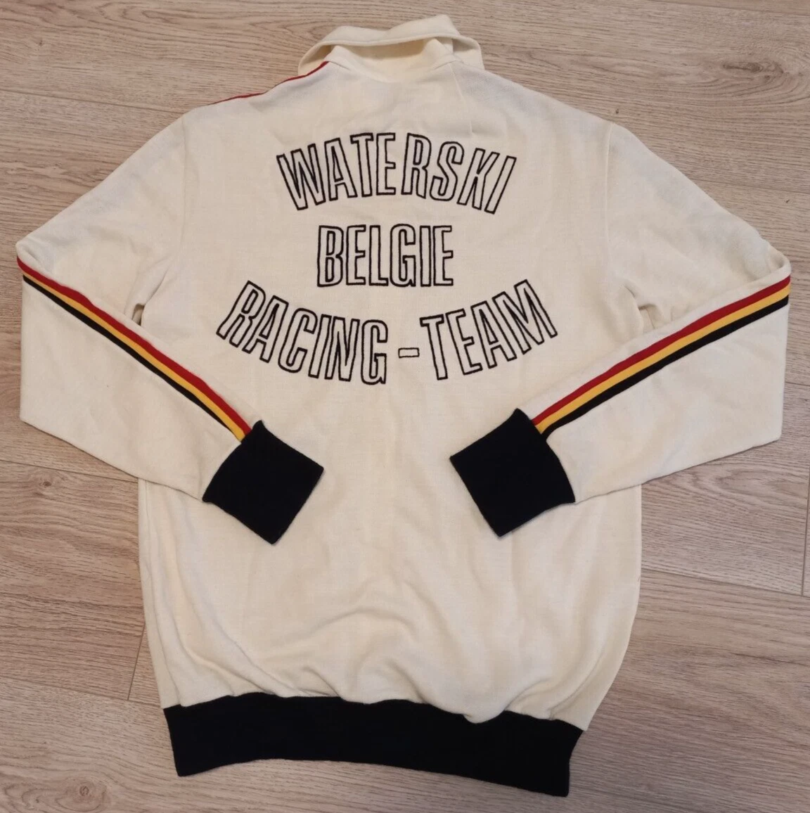 OFF WHITE Giacca pista vintage anni 70 80 Belgium Racing Team bianco sporco beige acrilico.