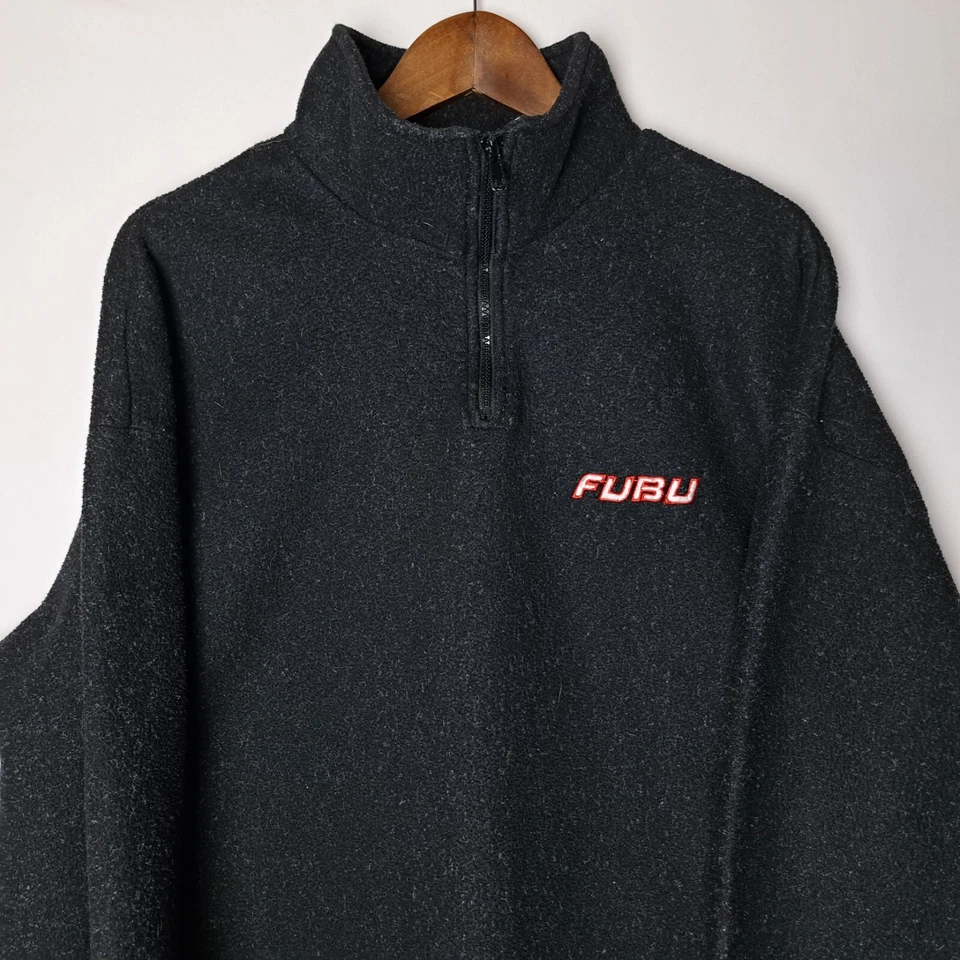 Винтажный FUBU свитер мужской один размер черный пуловер флис 1/4 молнии сделано в США 90-х - Изображение 2 из 4