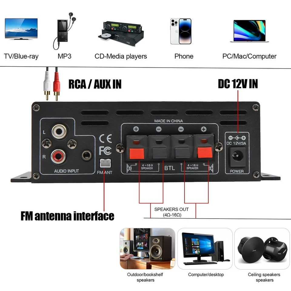 800W 2Channel bluetooth Mini HIFI Power Amplifier Audio Stereo Amp Home Car FM - Image 3 of 4
