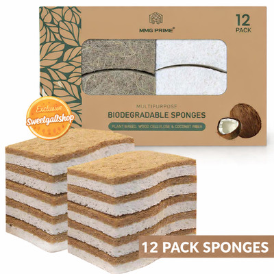 Eco Friendly Kitchen Sponges 12 Pack   Compostable Cellulose Coconut Scrubbers