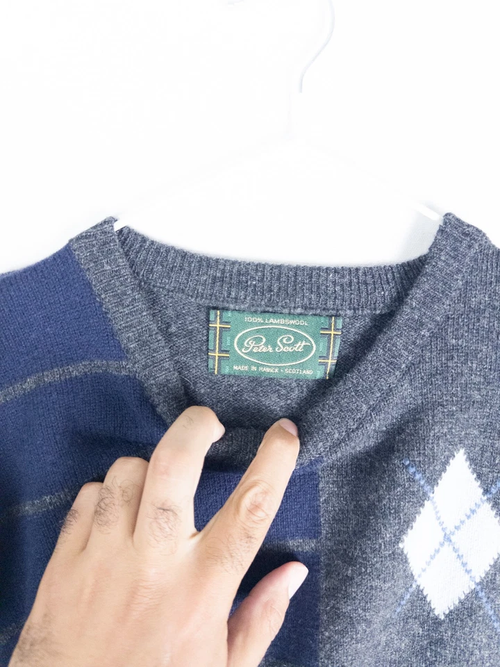 Peter Scott Argyle Sweater Herren XL Pullover Schwarz Preppy 100% Lammwolle Schottland - Bild 4 von 4