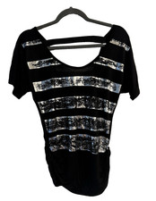 Black Blouse Silver Metalic Stripes Free Kisses Back Size M NWT Made in USA