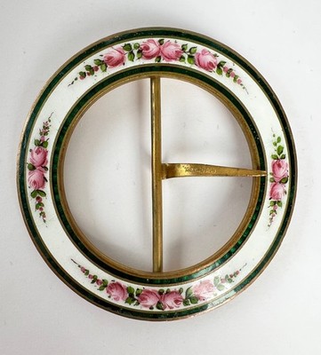 Gürtelschnalle 1920 Messing emailliert, Rosen handbemalt CZECH.SLOV. Ø 7 cm