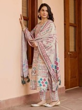 Women  s Cotton Printed Kurta Pant Dupatta Set Indian Wedding Ethnic Wear