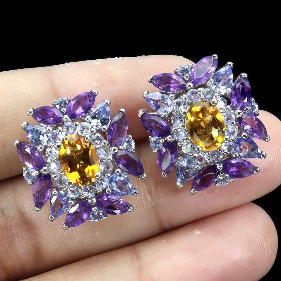 925 Pendientes de Plata Ley Ovalado Citrino Amatista Tanzanita Piedras Joyería - Imagen 2 de 4